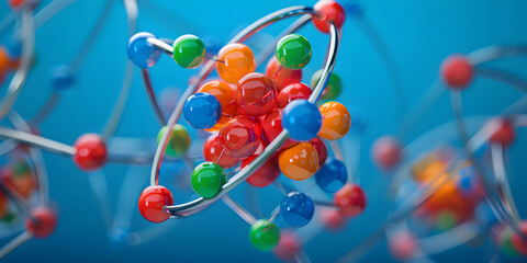 Colorful Atom Model Representing Scientific Research in Physics, Chemistry, and Nanotechnology