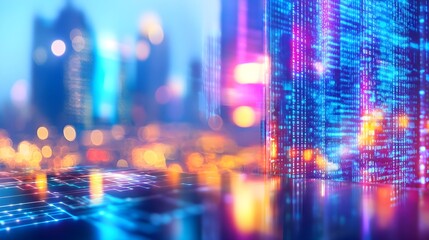 Abstract Cityscape with Binary Code & Neon Lights
