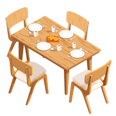 Isometric Served Dining Table With Chairs Illustration. Ai Generative