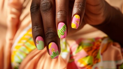 The hand displays bright, artistic nail designs featuring floral and abstract patterns, complemented by a colorful attire