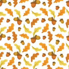 Oak leaves seamless pattern. Autumn yellow leaves and acorns wallpaper, gift paper, pattern fills, textile, fall greeting cards. Vector hand drawn illustration on white background.