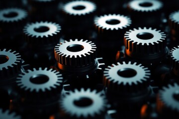 Close-up of metallic gears in dark lighting, showcasing the intricacies and precision of mechanical engineering.
