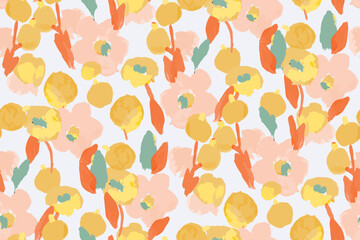 Abstract hand drawn floral seamless pattern. Bright colors, gouache painting.
