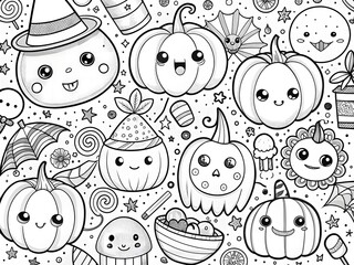Happy Halloween Hand drawn kawaii coloring book illustration AI generated