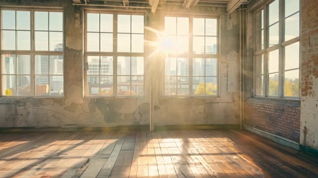 An empty loft room with large windows, a wooden floor, an urban view, and light.