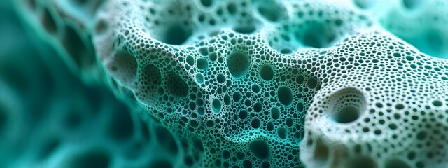 Close-up of an organic structure with teal and emerald hues, resembling delicate lace. The intricate patterns form complex geometric shapes that resemble hexagons or circles, creating the illusion of 