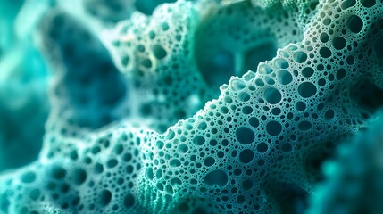 Close-up of an organic structure with teal and emerald hues, resembling delicate lace. The intricate patterns form complex geometric shapes that resemble hexagons or circles, creating the illusion of 