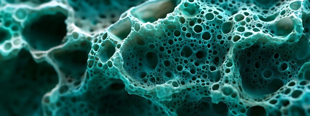 Close-up of an organic structure with teal and emerald hues, resembling delicate lace. The intricate patterns form complex geometric shapes that resemble hexagons or circles, creating the illusion of 