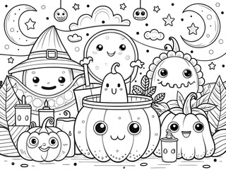 Happy Halloween Hand drawn kawaii coloring book illustration AI generated
