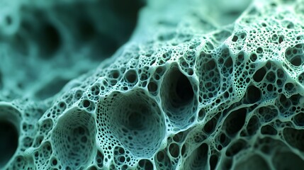 Close-up of an organic structure with teal and emerald hues, resembling delicate lace. The intricate patterns form complex geometric shapes that resemble hexagons or circles, creating the illusion of 