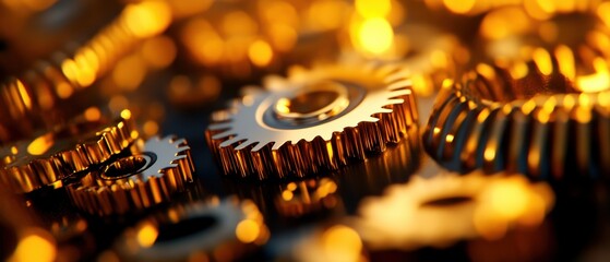 Close-up photo of metallic gears with golden reflection, showcasing intricate details and industrial machinery components.