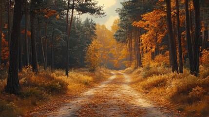 Fototapeta premium Forest road with fallen pine needles, autumn ambiance.