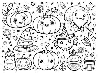 Happy Halloween Hand drawn kawaii coloring book illustration AI generated