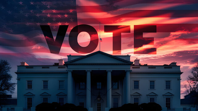Presidential election in United States of America 2024,  background American Flag and whitehouse on sun set.
