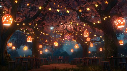 Obraz premium A Picnic Area Where The Trees Are adorned with lamp