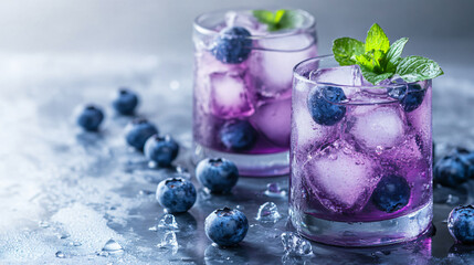 Refreshing Blueberry Drink with Ice Cubes on Table for Spa Concept