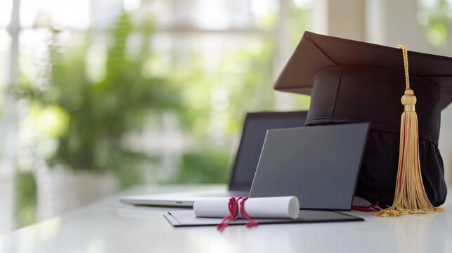 Graduation Hat, Students Diploma and Laptop on White Table