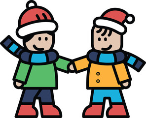 Two children wearing winter clothes and hats are holding hands