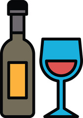 A bottle of wine and a wine glass are shown in a black and white drawing