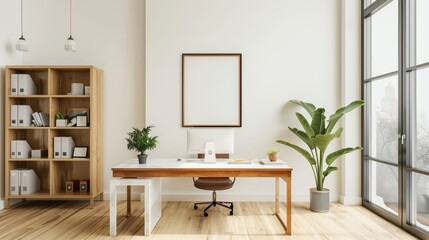 A clean and modern home office with white walls