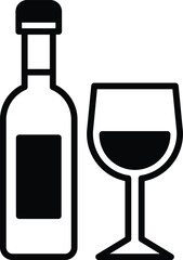 A bottle of wine and a wine glass are shown in a black and white drawing