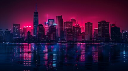 Fototapeta premium Modern cityscape with towering skyscrapers reflecting city lights in the river at dusk