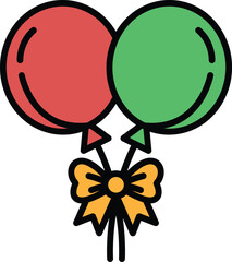 A black and white drawing of two balloons with a bow tied to them