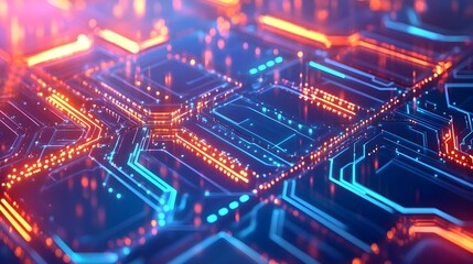 Abstract Digital Circuitry - Glowing Blue & Orange Lines