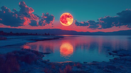 Mesmerizing Red Full Moon Reflecting Over a Tranquil Lake at Sunset Surrounded by Vibrant Clouds and Scenic Mountain Landscape Perfect for Nature Photography Enthusiasts