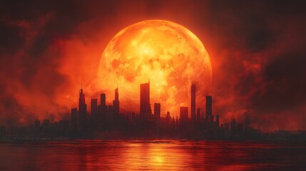 Giant Orange Moon Over a City Skyline Sci-Fi Fantasy Digital Art