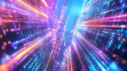 Abstract Digital Cityscape with Neon Lights and Glowing Lines
