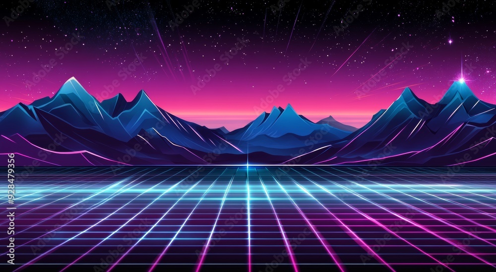 Fototapete Retro video games, futuristic design, computer graphics and sci-fi technology concept. Background template made with glowing neon lights.