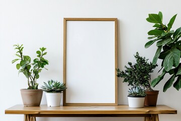 A Scandinavian room is decorated with a mock up photo frame on a brown bamboo shelf with beautiful plants in different hipster and design pots. The walls are white, and the shelves are decorated with