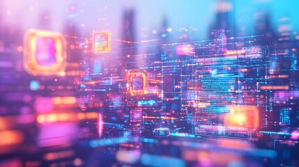 Obraz premium Abstract Digital Network Background with Neon Lights