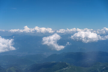 Blue Sky with White Clouds, Flying above Sunny Cloudy Sky Texture Pattern, Fluffy Clouds Plane View