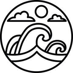 A black and white drawing of a wave crashing on a beach