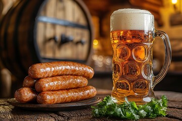 Beer keg and Bratwurst sausages served in a traditional german pub. Oktober fest concept. Generative Ai