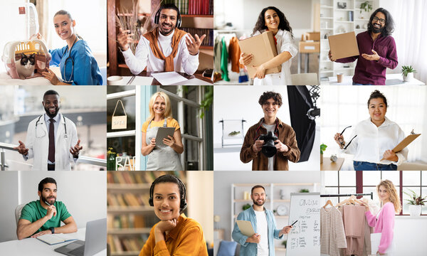 A collage of photos showcasing diverse professionals working in various fields. These images capture a doctor, a nurse, a pet store owner, a photographer, a fashion designer
