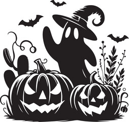 spooky haunted house ghosts, dead tree, lanterns and pumpkins halloween night black and white silhouette vector line art flat design background image illustrations