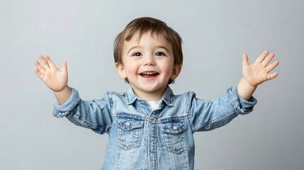 Cheerful Little Boy in Casual Clothing on Light Grey Background