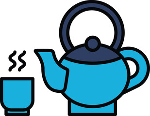 A black and white drawing of a tea kettle and a cup of tea