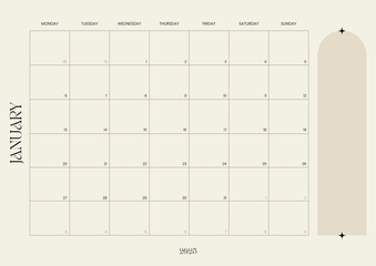 January 2025 calendar and monthly planner, layout featuring a grid format for productivity and organization