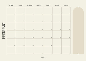February calendar and monthly planner, layout featuring a grid format for productivity and organization