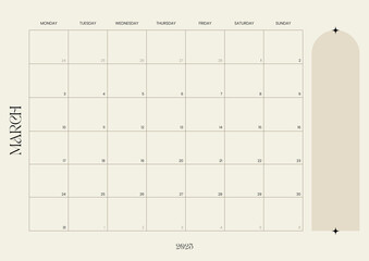 March calendar and monthly planner, layout featuring a grid format for productivity and organization