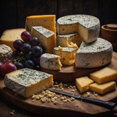 Savor the artistry of cheese with an elegant cheese platter showcasing diverse textures and fresh, flavorful accompaniments