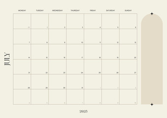 July calendar and monthly planner, layout featuring a grid format for productivity and organization