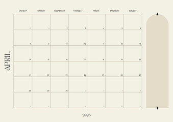 April calendar and monthly planner, layout featuring a grid format for productivity and organization