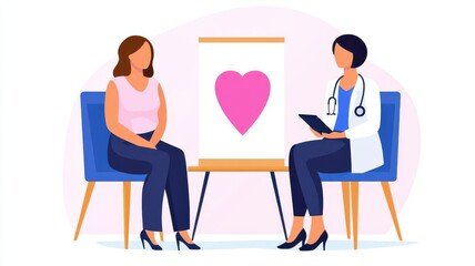 Breast cancer awareness posters displayed in a community center, encouraging health screenings, flat design illustration