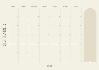 September calendar and monthly planner, layout featuring a grid format for productivity and organization