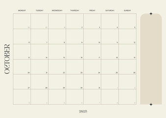 October calendar and monthly planner, layout featuring a grid format for productivity and organization